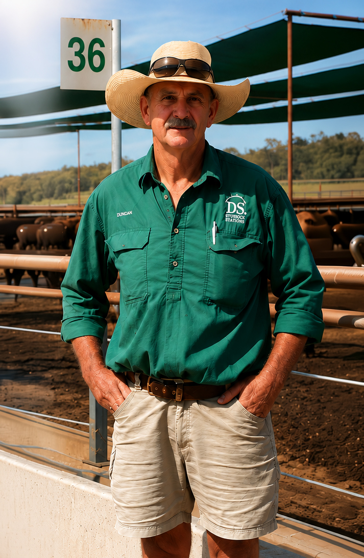 Duncan Sturrock, beef producer in Queensland, standing at the cattle yards