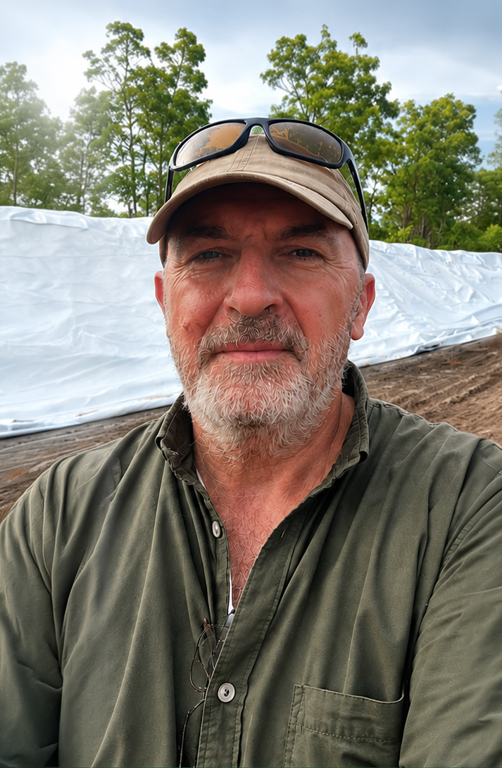 Nino Atanosov, senior agronomist, standing beside a compost bunker on farm