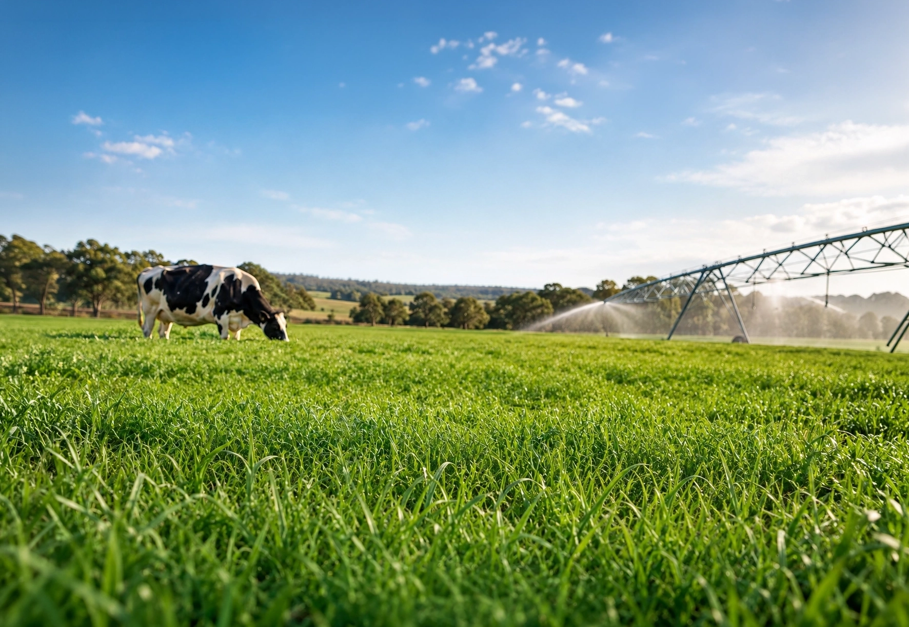 Dairy cow grazing on lush irrigated Australian pasture