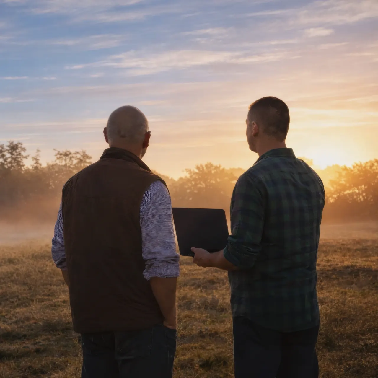 4Sight Agriculture team members reviewing data on a laptop at sunrise on an Australian farm