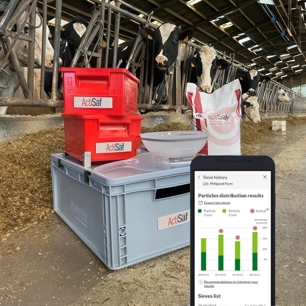 Dairy farmer using Digescan feed sieving kit and mobile app for digestibility analysis