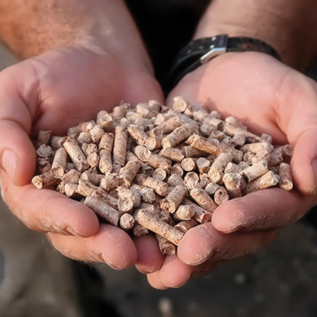 Feed manufacturing plant quality control technician analysing pellet samples on production line